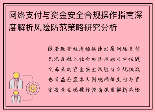 网络支付与资金安全合规操作指南深度解析风险防范策略研究分析 网络支付与资金安全合规操作指南深度解析风险防范策略研究分析