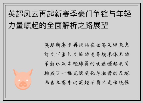 英超风云再起新赛季豪门争锋与年轻力量崛起的全面解析之路展望